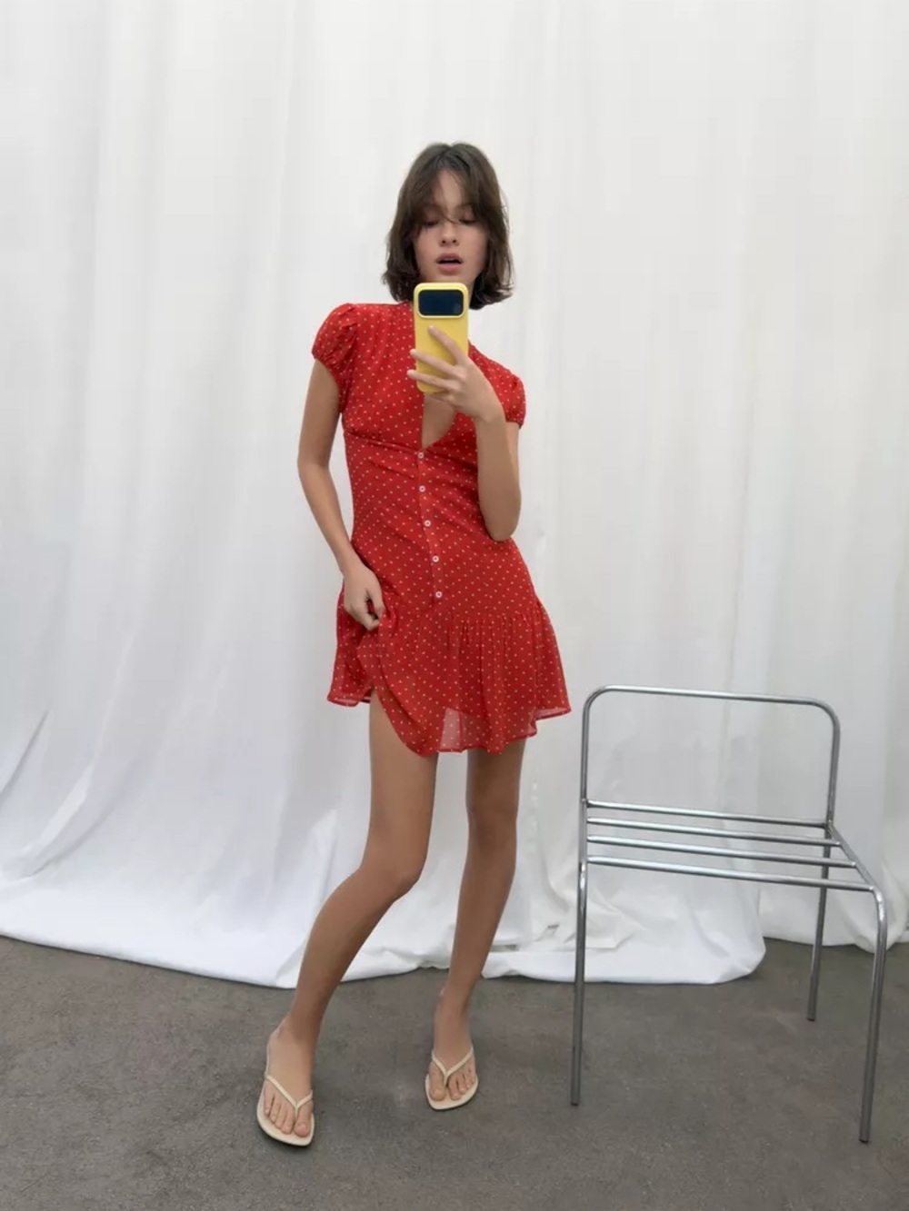 Orange  Polka Dot Button-Front Mini Dress